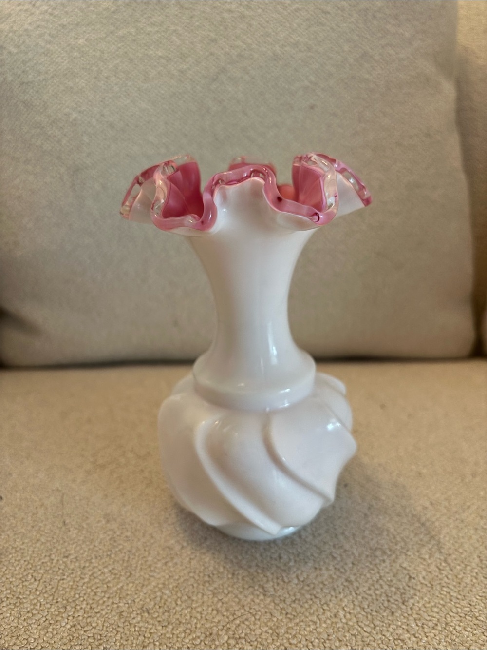 Fenton Vintage Salmon Colored Inside, Silver Crest, White Swirl Melon Vase, 6 In